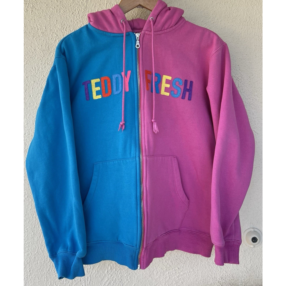 Teddy Fresh Adult Large Full Zip Blue Pink Colorblock Hoodie Sweatshirt Jacket
